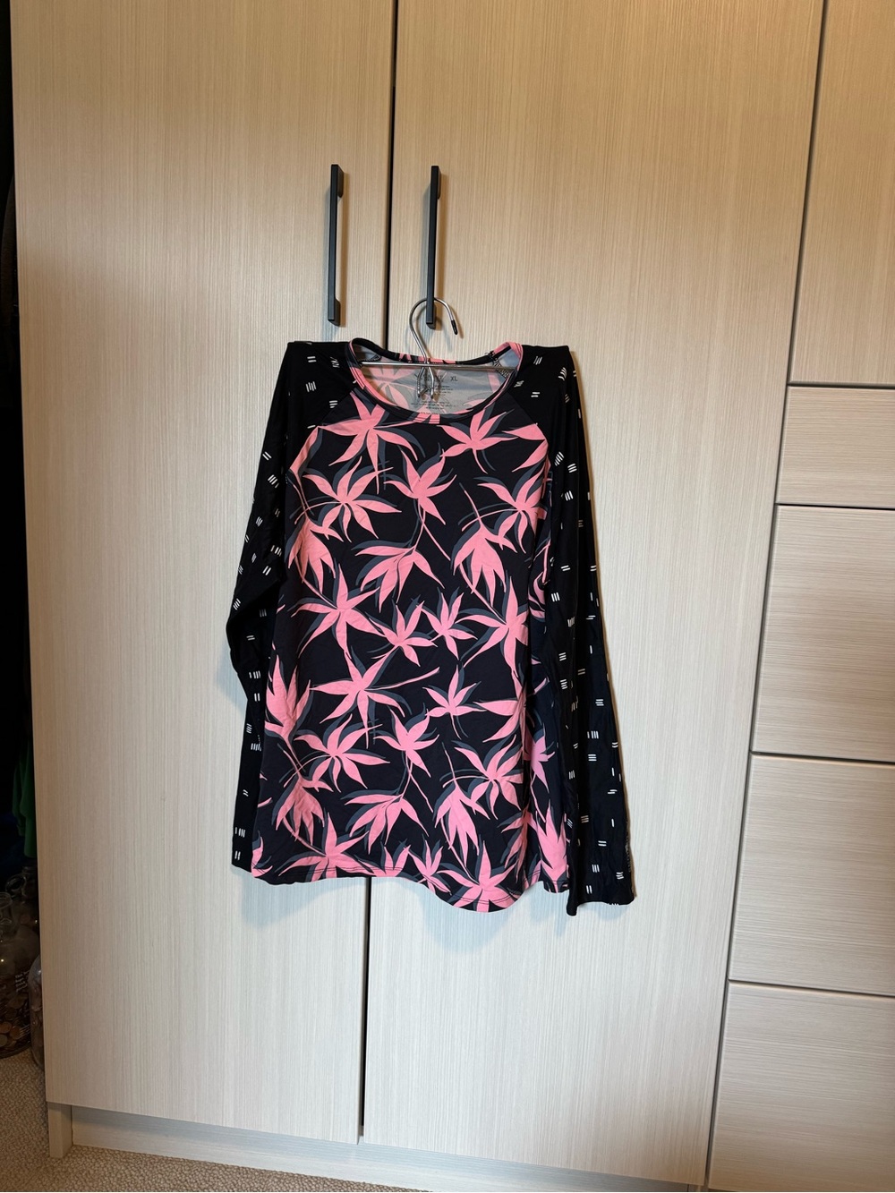 Carve Designs rash guard with Pink and Gray Leaf Print